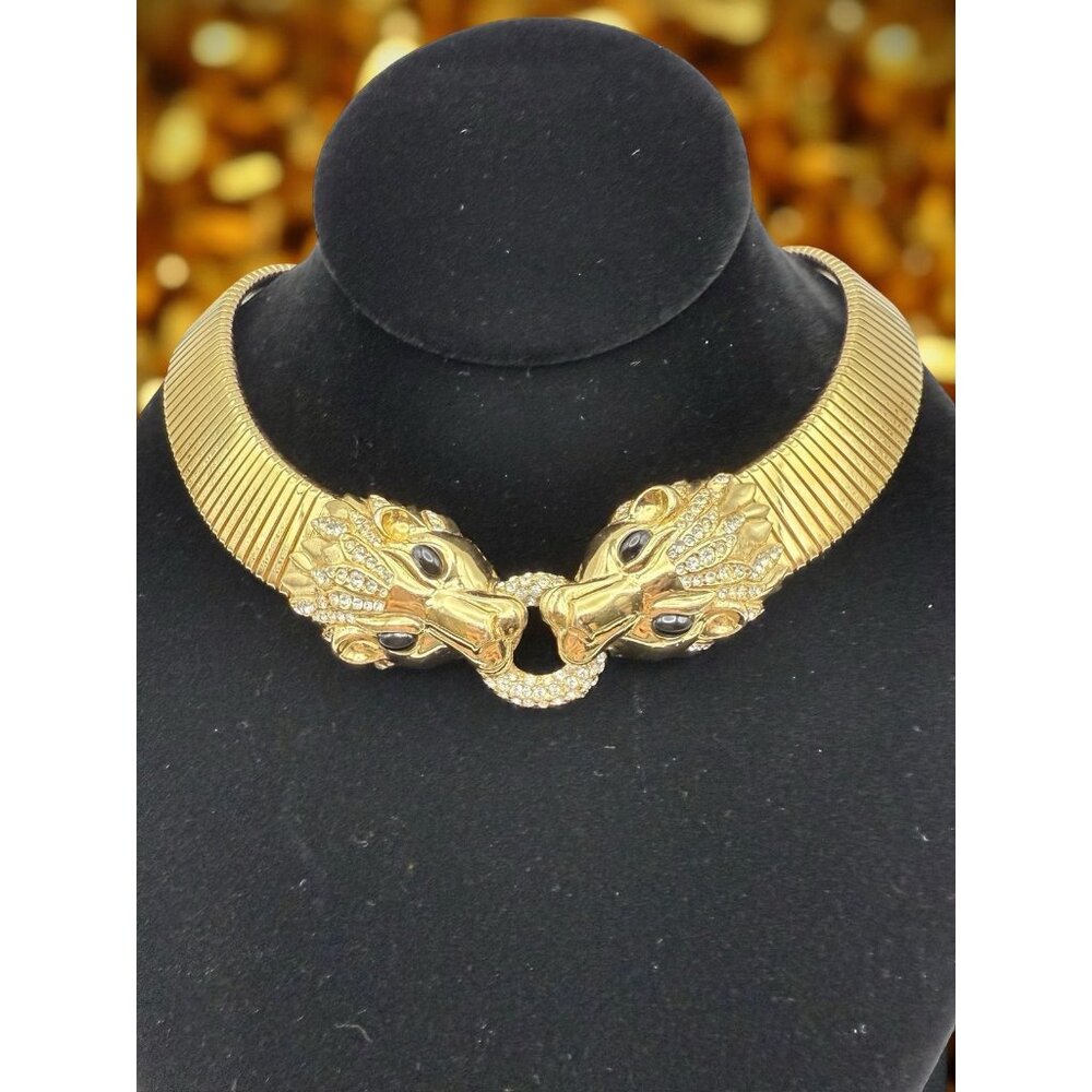 RARE Signed CINER Twin Leopard Head Gold Plated Omega Collar Choker Necklace